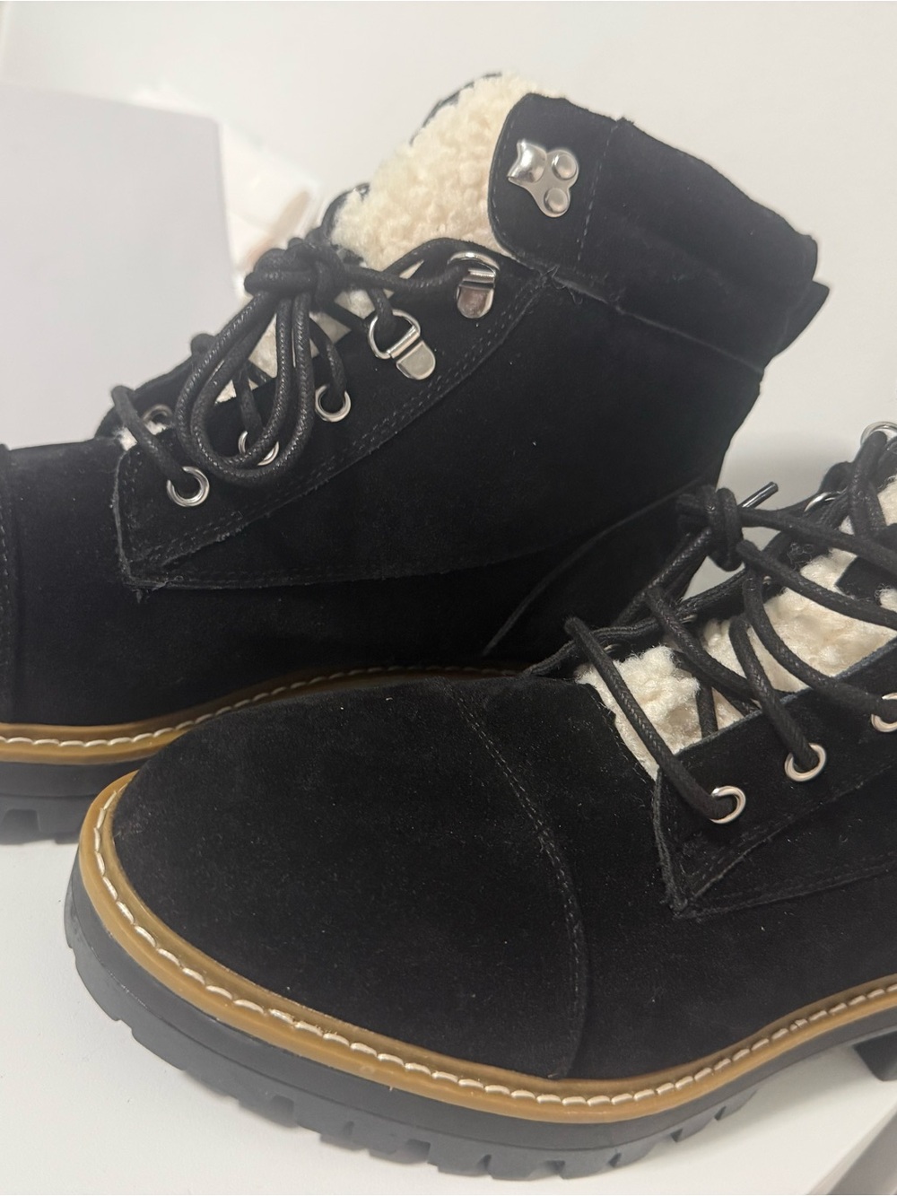 Time and Tru Black Suede Lace-Up Shearling Combat Boots
